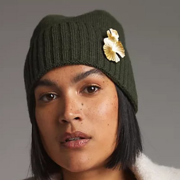 Anthropologie NWT Olive Moss Green Knit Embellished Floral Beanie Hat